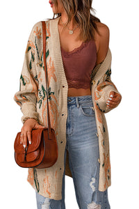 Apricot Abstract Floral Knit Button Down Long Cardigan