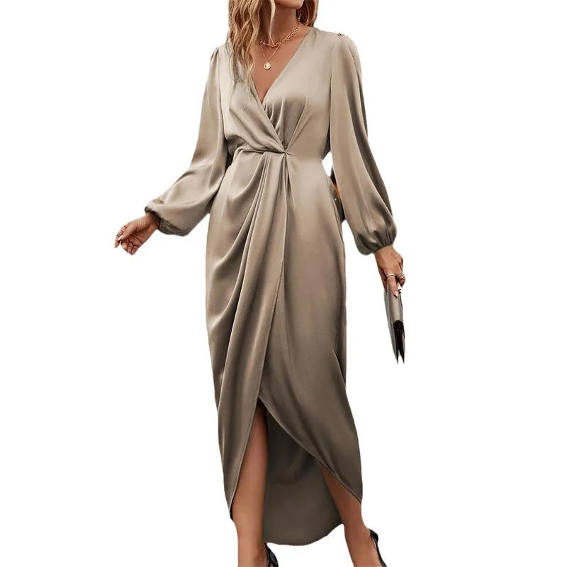 New Elegant Women's Maxi Dress With Cross Neckline Folded Pleats Slit Bubble Sleeves Irregular Long Sleeves Dress  Autumn 2024