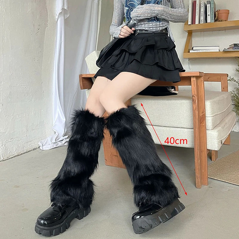 Japanese White Faux Fur Leg Warmers Boot Covers Y2K Goth Solid Leg Socks Punk Jk Knee-length Hiphop Hotgirl Fashion Warm Sock