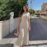 Elegant Knitted Ribbed Long Dress Women Slim Wave O-neck Short Sleeve Hip Package Dresses Female 2024 Summer Lady  Robe