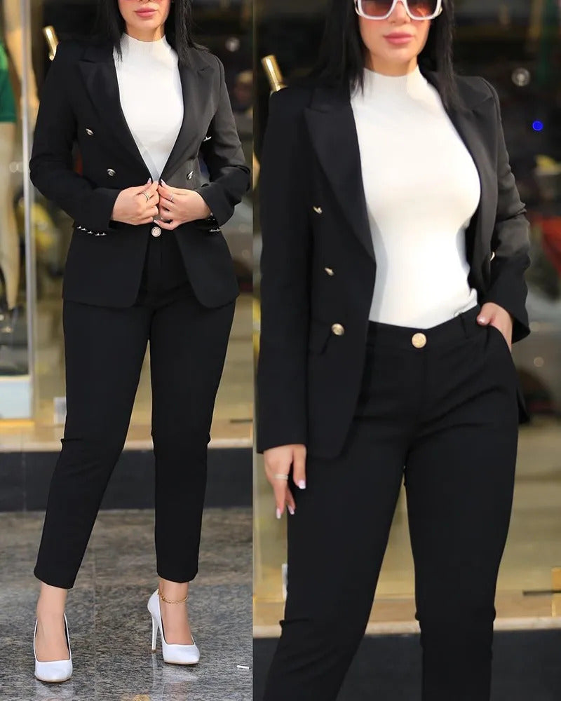 New 2025 Formal Office Pant Sets Women 2PCS Double Breasted Solid Blazers Jacket and Pants Two Pieces Set Female Pant Suits Sets