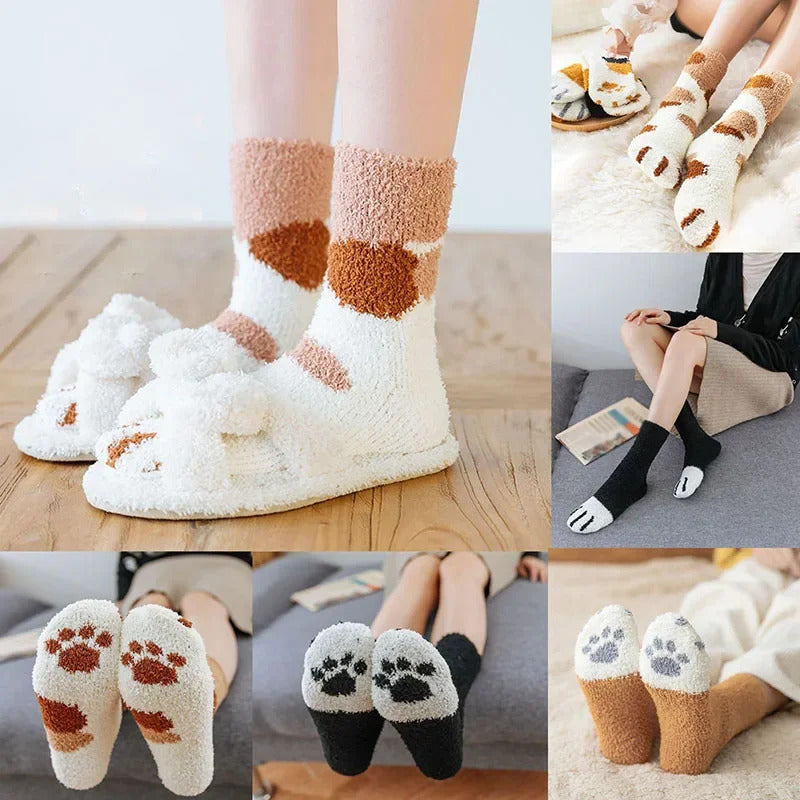 6 pairs Woman socks Set Cartoon Cute 3D Dog Cat Paw Pattern Winter Female Fleece Warm Home Floor Sleeping Thick Socks Wholesale