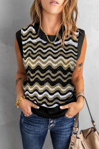 Black Wavy Stripes Knit Vest Pullover Sweater