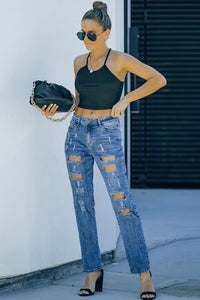 Sky Blue Buttoned Pockets Distressed Jeans