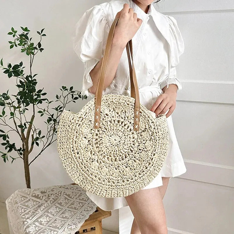 Summer Round Straw Women Vacation Woven Beach Shoulder Bag Large Capacity Hollow Out Simple Tote Bag