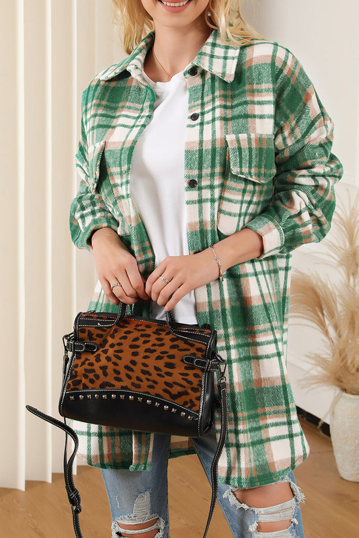 Green Plaid Flap Pocket Long Sleeve Shacket