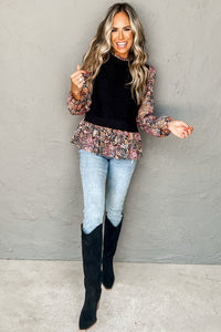 Black Contrast Floral Sleeve Peplum Sweater