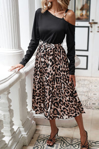 Black Asymmetric Shoulder Leopard Belted Dress