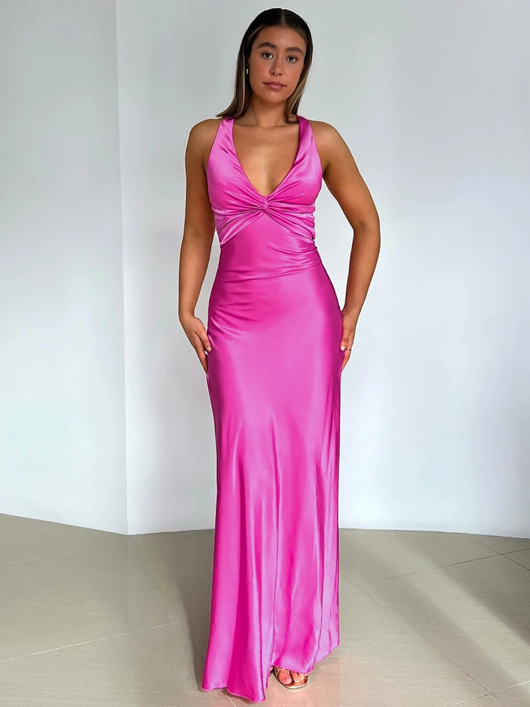 Mozision Satin Bow Backless Sexy Maxi Dress For Women Gown Fashion V Neck Sleeveless Club Party Evening Dress Elegant