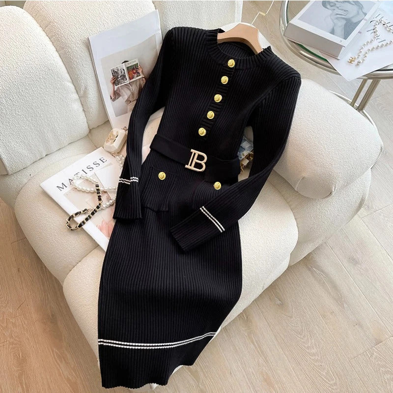 YuooMuoo 2024 Autumn Winter Women Knitted Dress Brand Fashion O-neck Buttons Bodycon Sweater Dress with Belt Lady Office Dress