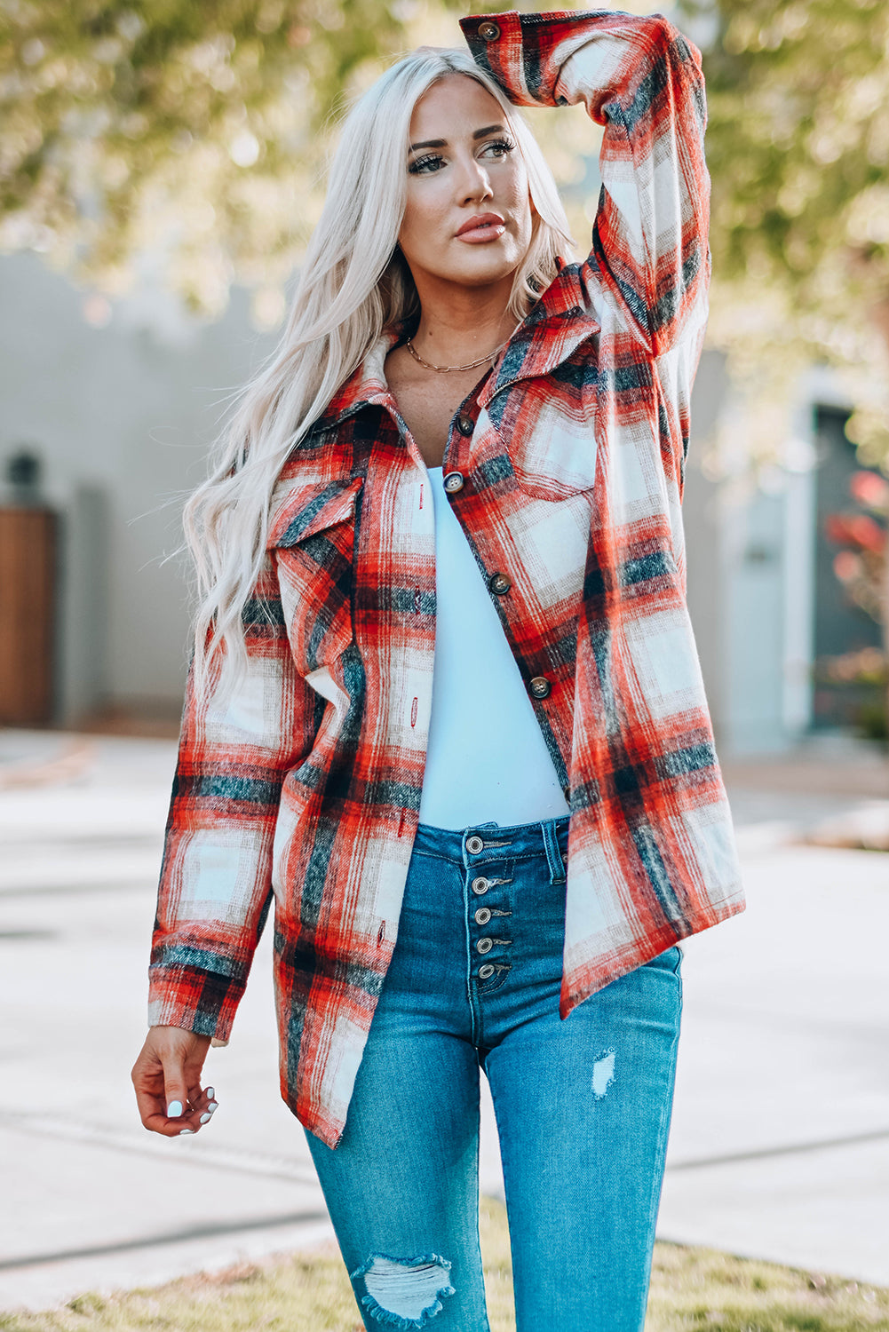 Fiery Red Turn down Neck Plaid Pocket Button Closure Coat