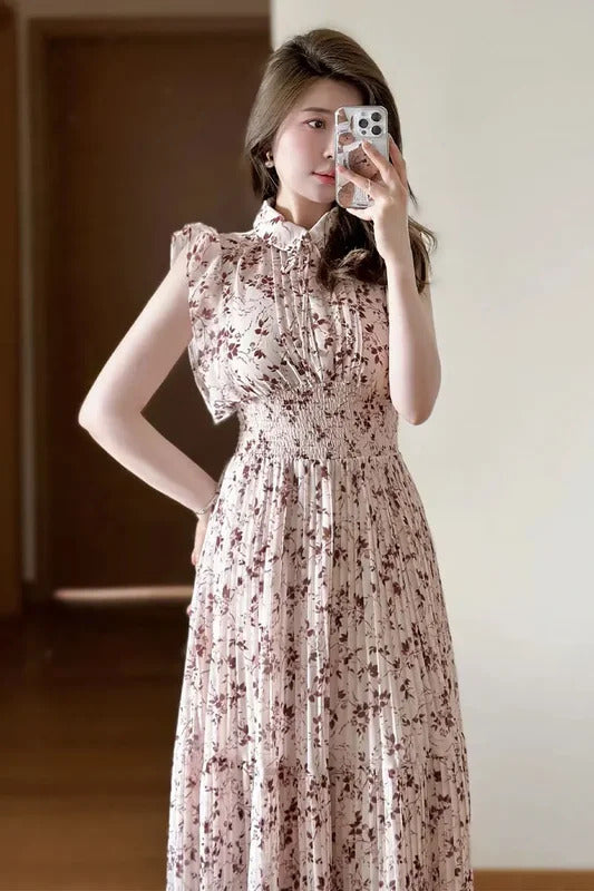 Kuzuwata Japan Style Flying Sleeve Floral Vestidos De Mujer Sweet Pleated Slim Waist Women Dress 2024 Chiffon  New Neck Robe