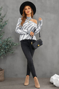 Gray Zebra Print Mock Neck Cold Shoulder Sweater