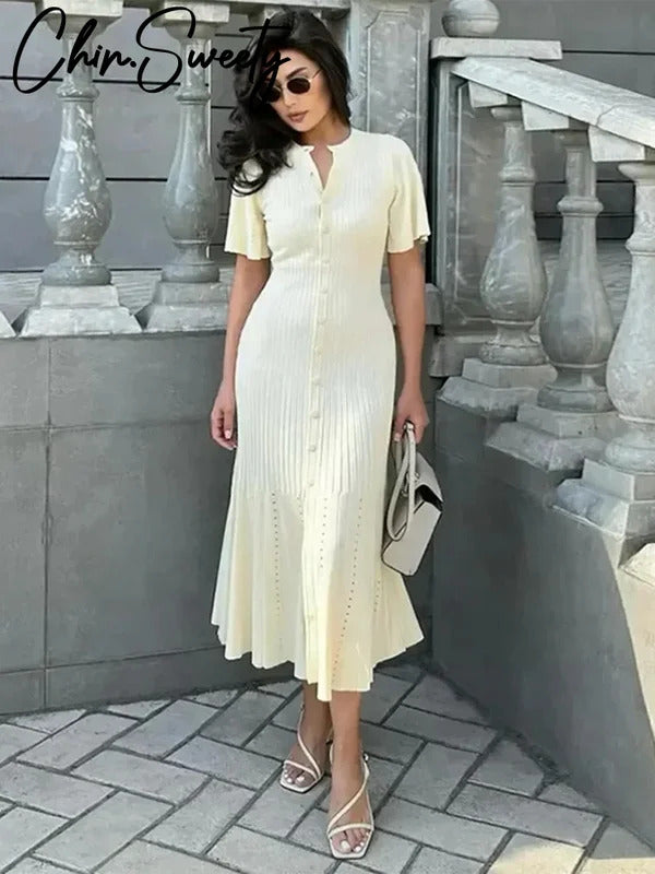 Elegant Knitted Ribbed Long Dress Women Slim Wave O-neck Short Sleeve Hip Package Dresses Female 2024 Summer Lady  Robe