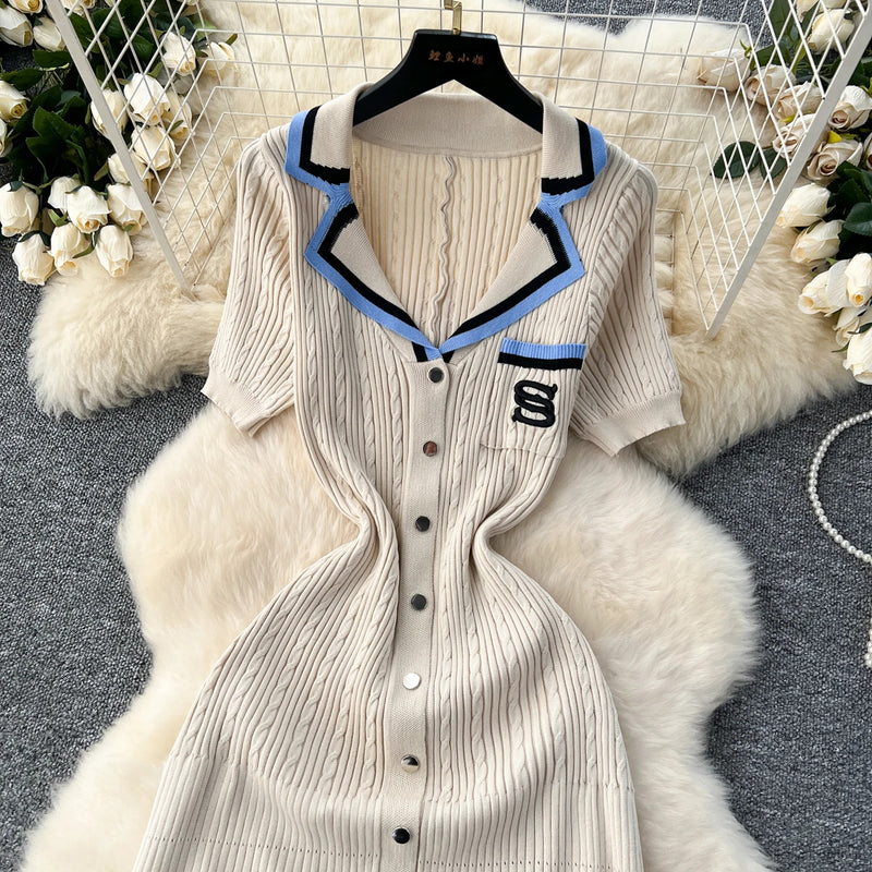 Elegant Turn-down Collar embroidery Single Breasted Knit Bodycon Dress Slim Fashion Sweater Vestido Sexy Women Winter Clothing