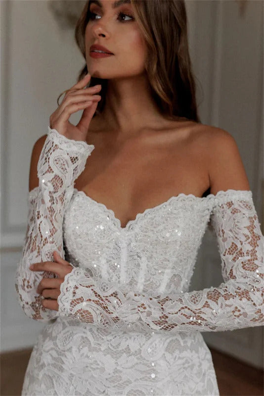 Sexy Off The Shoulder Long Sleeves Full Lace Applique Short/Mini Wedding Dresses Custom Made Formal Bridal Grown 2024 Vestido De