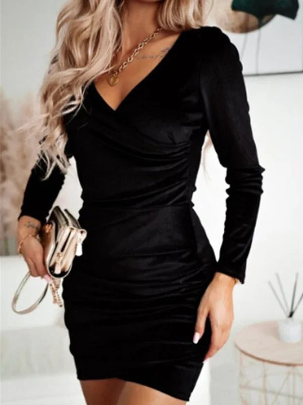 Sexy Red V-Neck Long Sleeve Dress Women's Slim Mini Dresses Elegant Party Date Autumn Dress Robe