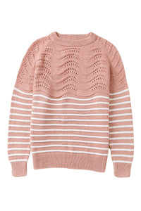 Pink Striped Textured Long Sleeve Knit Sweater