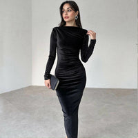 Dulzura Velvet Solid Midi Dress Long Sleeves 2023 Autumn Winter Women'S Outfits Sexy Wholesale Drop Shipping Clubwear Birthday