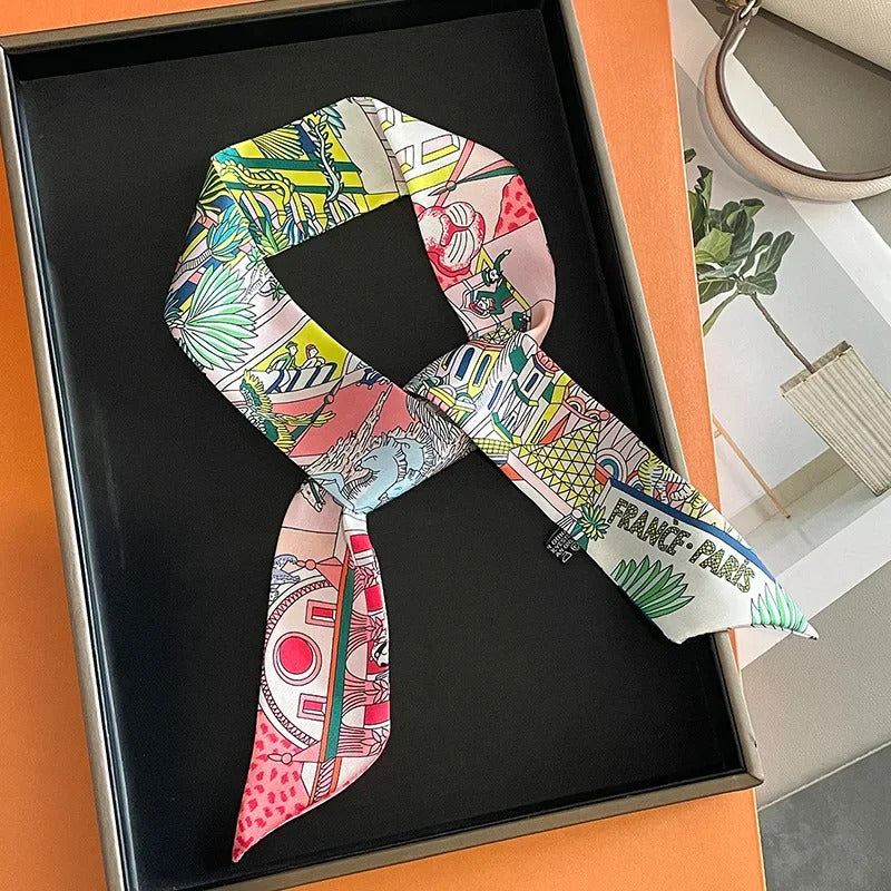 Luxury Design Horse Print Skinny Silk Ribbon Scarf Women5x85cm Hairband Soft Satin Female Foulard Floral Headband Bag Neck Ties