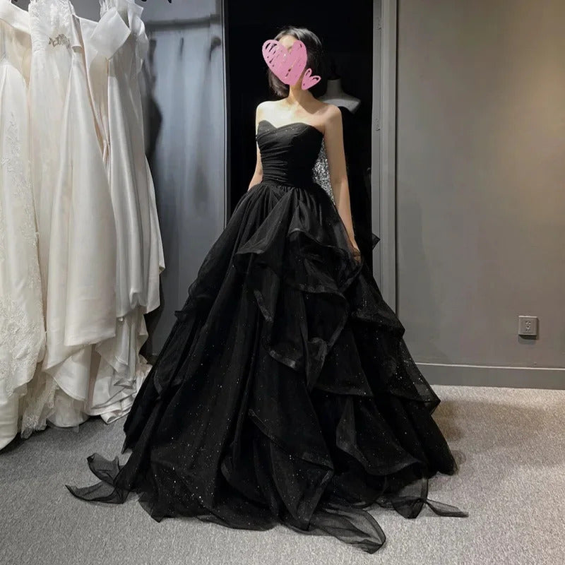 Customized Temperament Black Elegant Wedding Party Dresses Strapless Tiered Draped Prom Robe 2024 New Ball Gown Formal Dress Wom