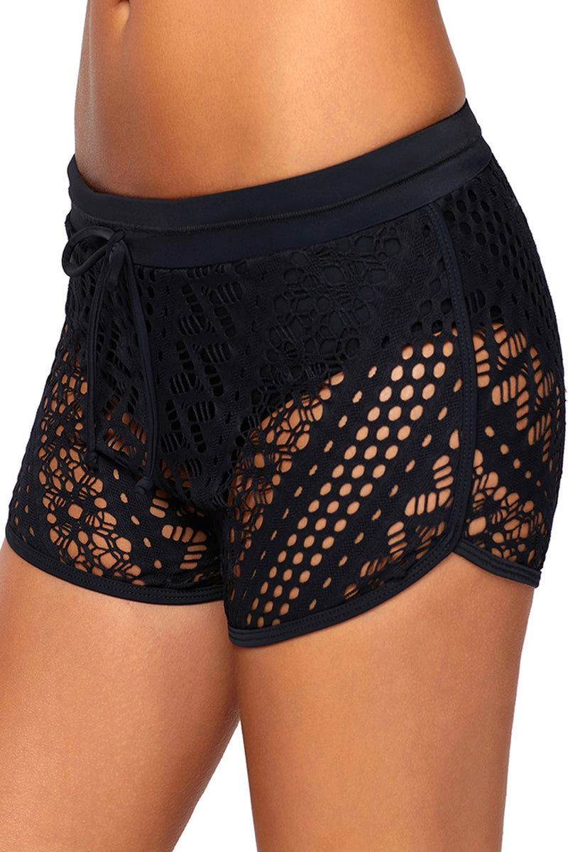 Black Hollow Out Lace Overlay Swim Short Bottom