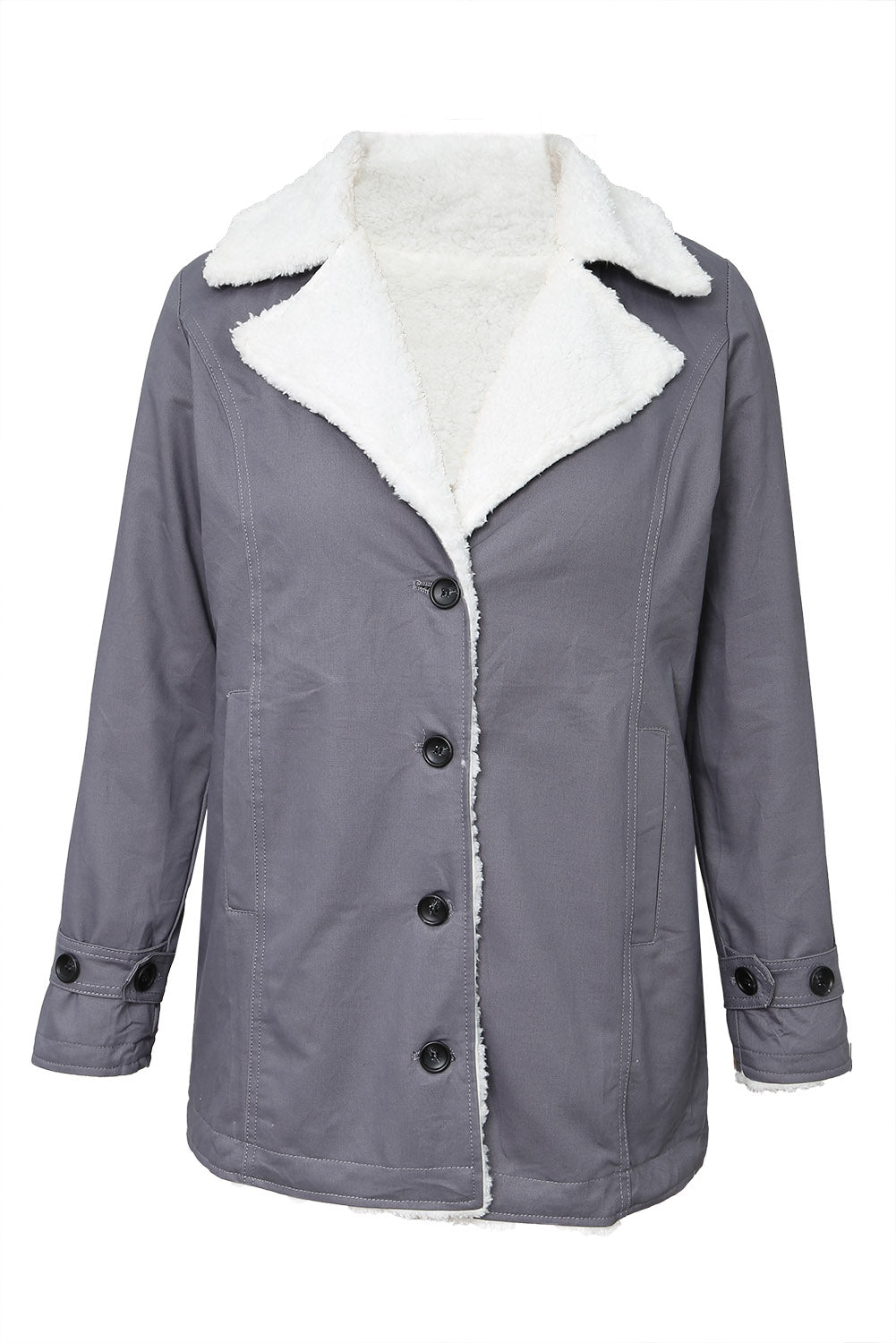 Green Gray Lapel Collar Button Fleece Jacket