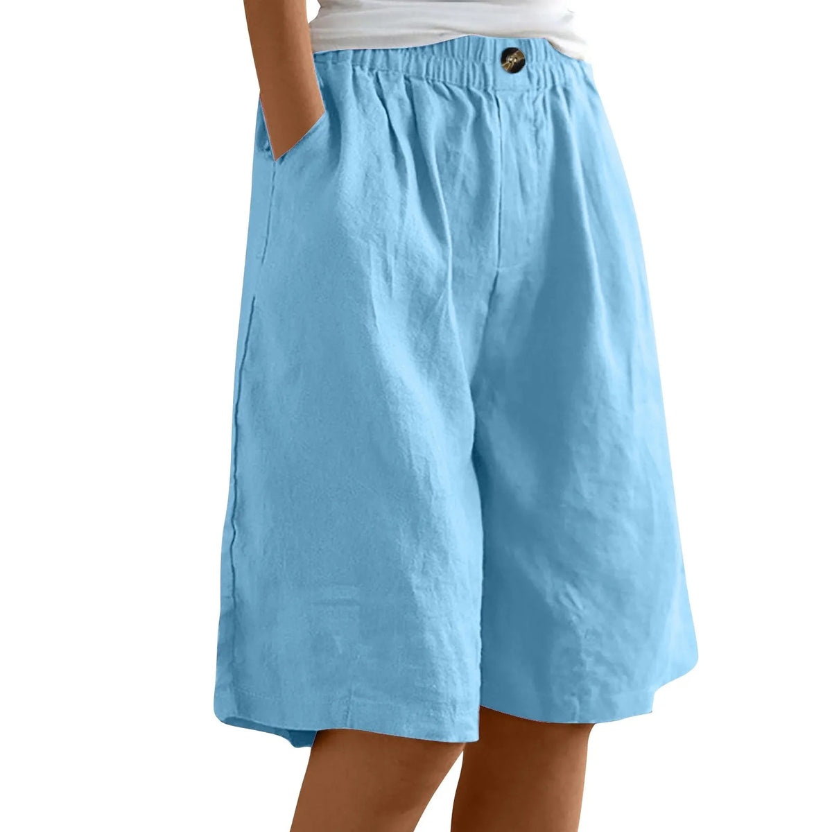 Women's Fashion Solid Color Pants Pocket Button Up Capris Loose Elastic Waist Cotton Linen Shorts