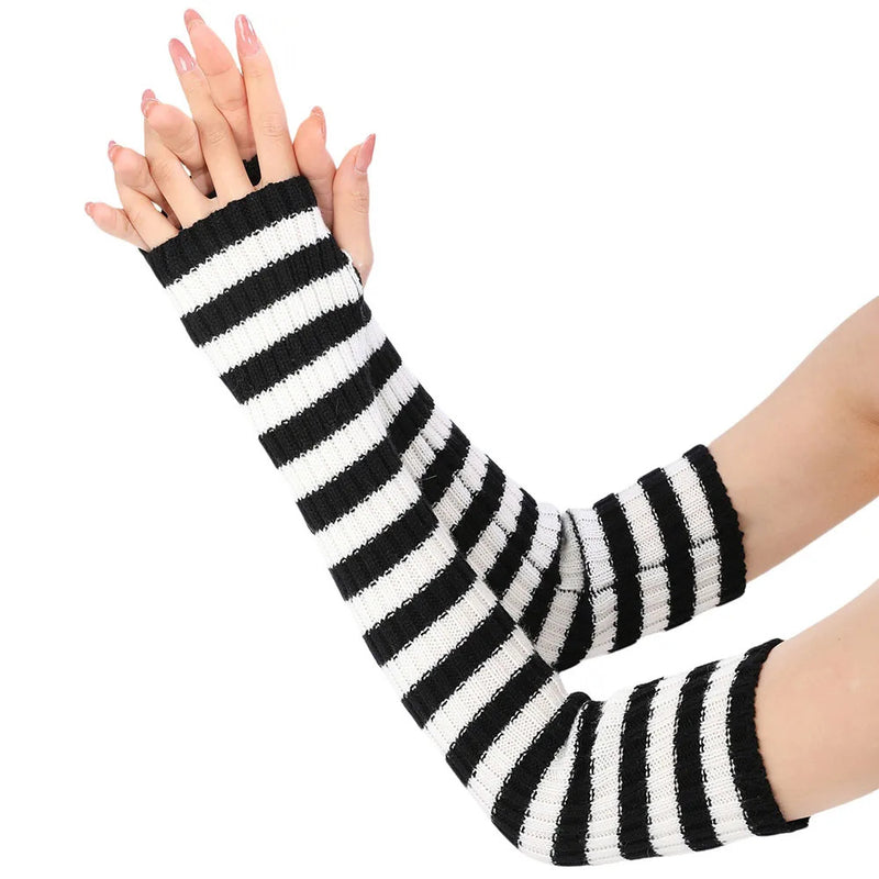 Fashion Lady Striped Long Fingerless Gloves Women Winter Arm Warmer Knitted Arm Sleeve Casual Elbow Gloves Christmas Gifts Hot