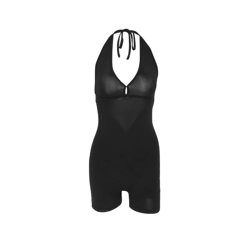 Sexy Black Playsuits Women Sports Fitness Summer Fashion Sleeveless Backless Basic Rompers Slim Casual Bandage Halter Playsuits