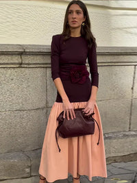 Fashion Contrast Splicing Pleated Long Dress For Women Casual Round Neck Loose Cropped Vestido 2025 Lady High Street Robe Spring