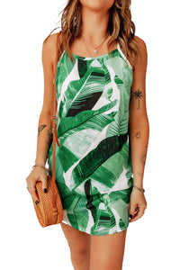 White Palm Tree Leaf Print Ivory Sleeveless Dress