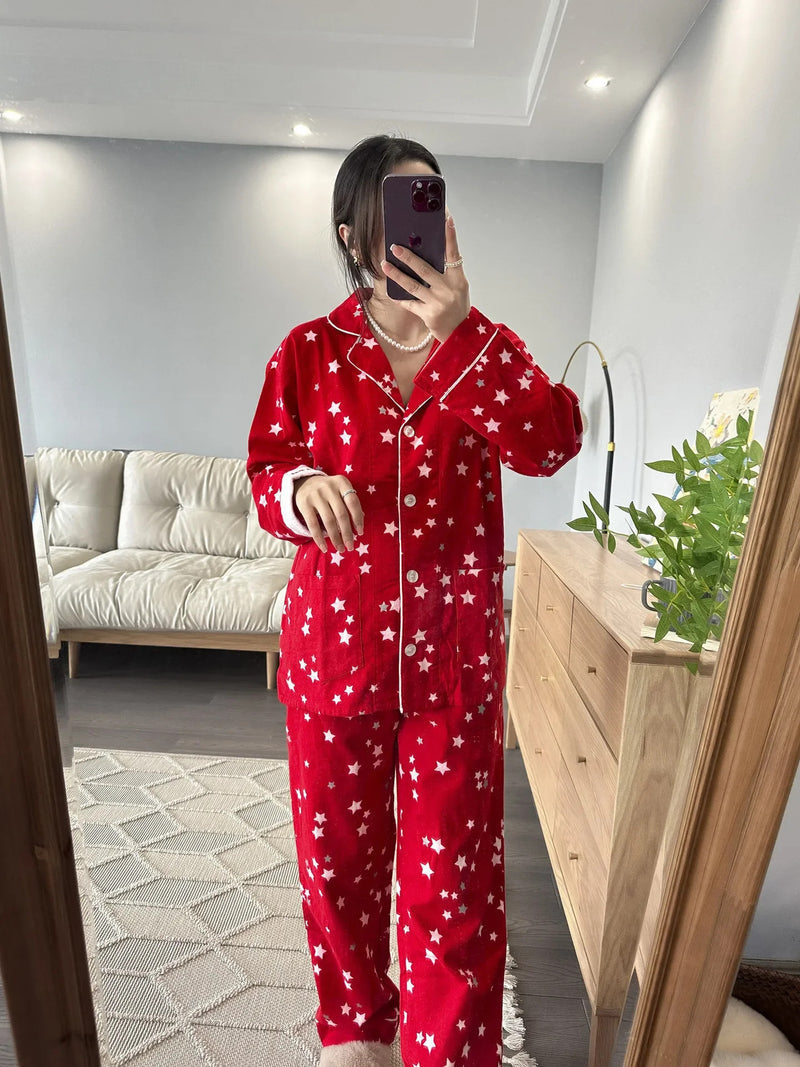 100% Cotton Pajamas for Women Loose Cartoon Long Sleeve Pants Loungewear Women 2 Piece Set Pj Women Outfit Sleepwear Set Pijamas