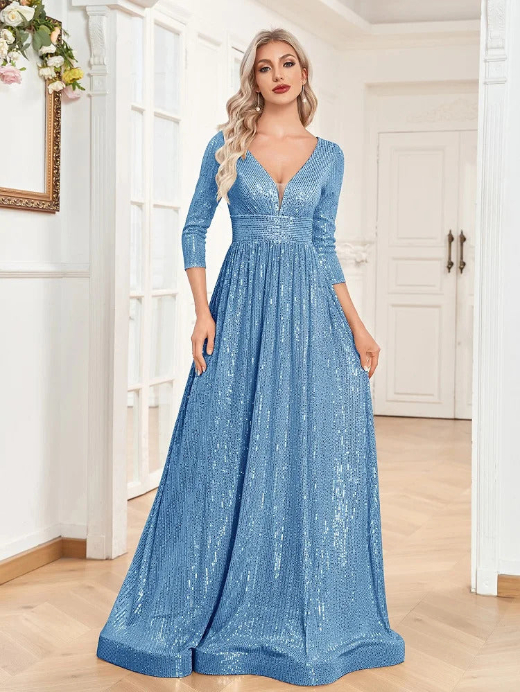 Lucyinlove Luxury V Neck Long Sleeves Blue Sequins Formal Evening Dress Women 2024 Wedding Party Prom Maxi Cocktail Dress Gowns