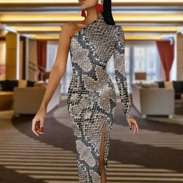 Snakeskin Bodycon Dress Summer Greys and Silvers Retro High Slit Long Dresses Long Sleeve Graphic Aesthetic Dress