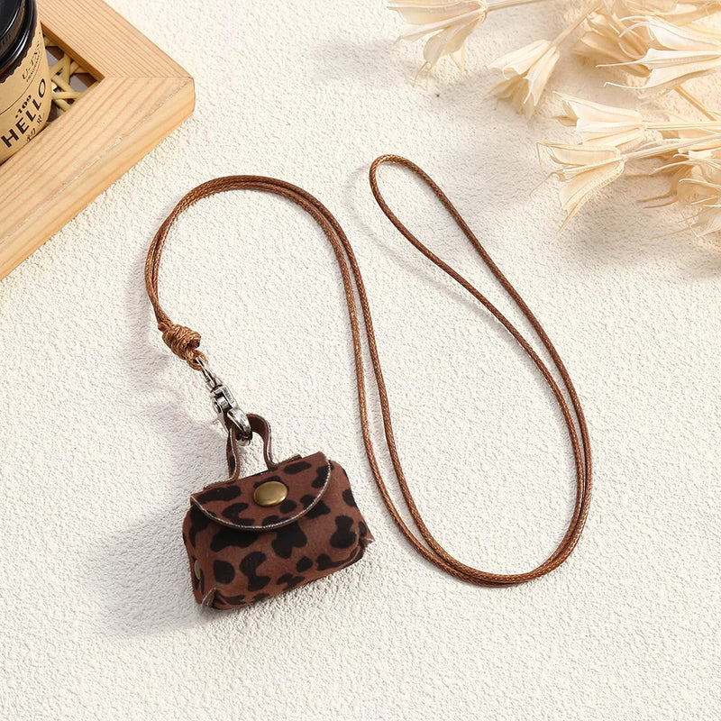 LATS Retro Cute Small Leather Bag Long Necklace for Women Fashion Sweater Chain Neck Hanging Jewelry Versatile Accessory Gift