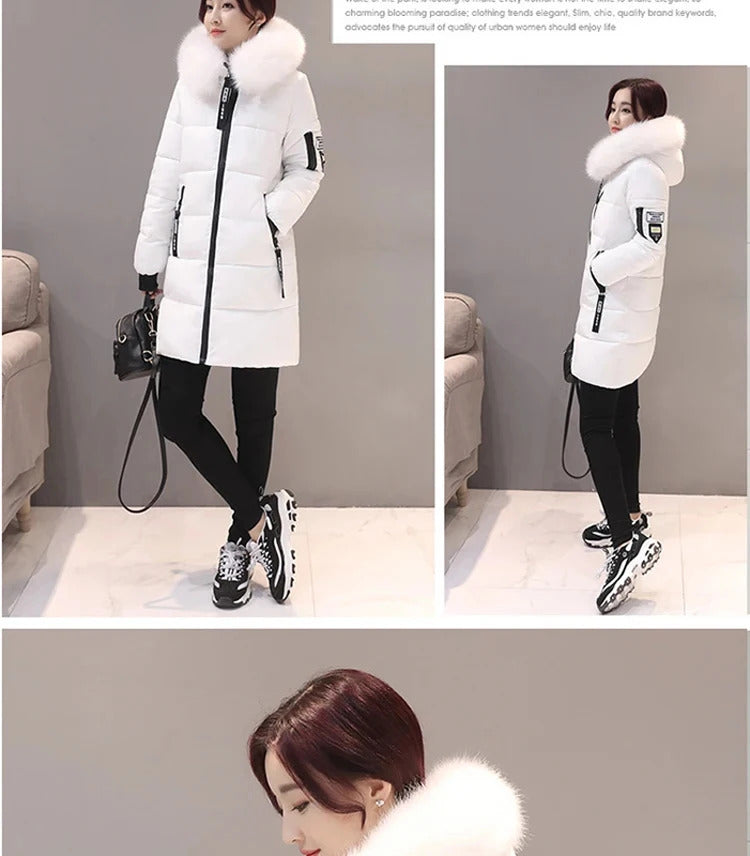 2024 Winter Women Parka Coats Long Cotton Casual Fur Hooded Jackets Thick Warm Slim-fit Jacket Female Overcoat Clothing