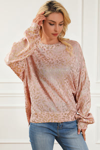 Apricot Glitter Leopard Print Puff Sleeve Sweater