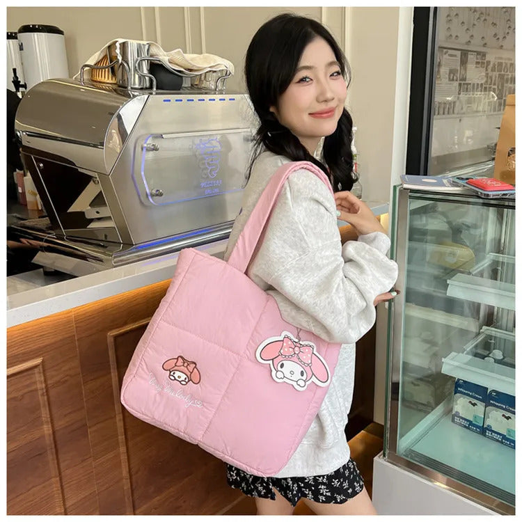 2024 New Sanrio Handbag Cartoon Cute Down Fabric Kuromi Tote Bag Shoulder Pacha Dog Cute Stationery Bag Large Capacity Handbag