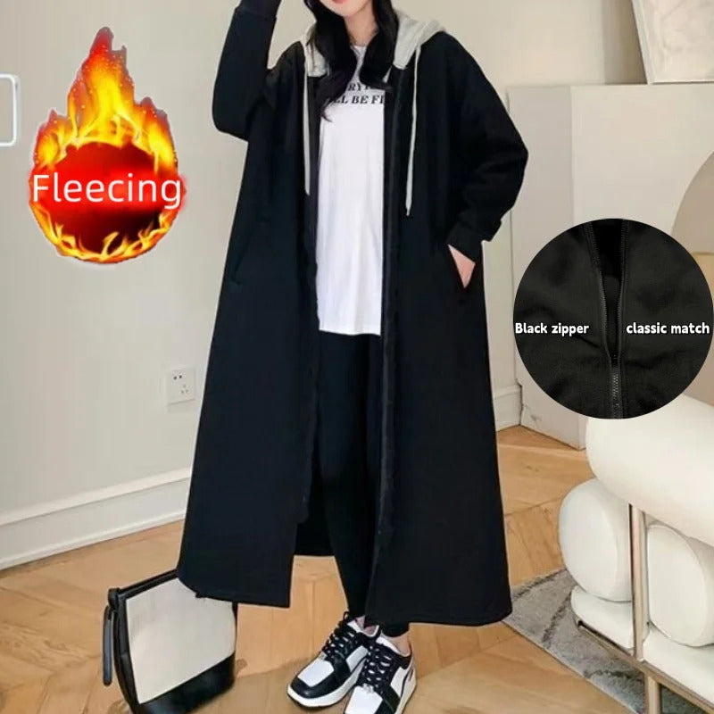 Plus Size Women's Hooded Zip-Up Winter Thick Casual Oversize Coat Black Patchwork Fake 2 Piece Hoodie Korean Matching Outerwear