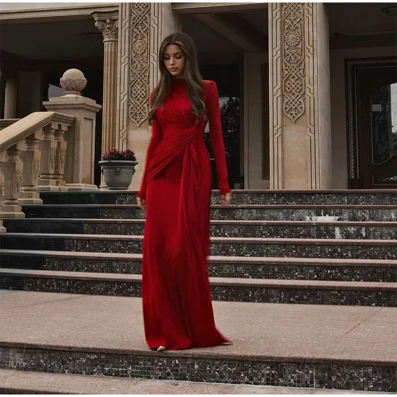 Burgundy  Sexy Pleated Lace Up Long Dress Lady Fashion Round Neck Slim Fit Long Sleeved Evening Gown 2024 New Chic Outfits