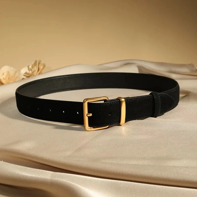 Luxury Suede Cowhide Leather Belt for Women, Vintage Style with Gold Buckle, 3.3cm Wide Waistband for Dresses & Jeans