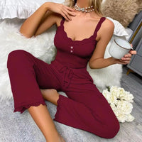 Women's Sexy Pajamas Set 2024 Summer Ribbed Sleeveless Top Long Pants Sleepwear 2 Piece Set For Women Home Casual Suspender Suit