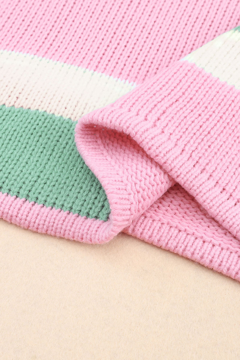 Pink Colorblock Drop Shoulder Bell Sleeve Sweater