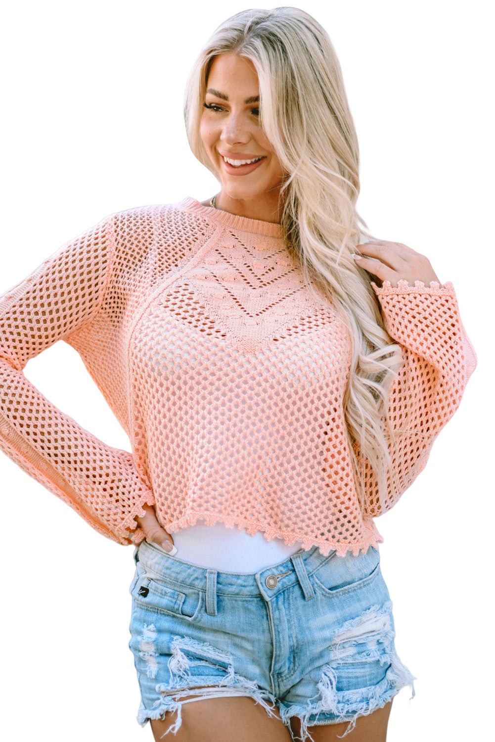 Pink Hollowed Eyelets Knit Bell Sleeve Sweater