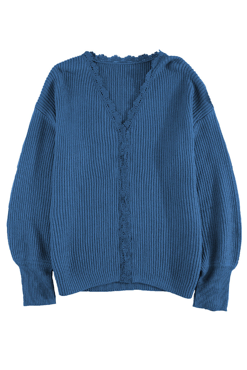 Blue Lace V Neck Knitted Pullover Sweater