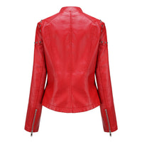 Women's Riveted Leather Coat with Standing Collar, Korean Punk Rock, Black, Red, Spring, Autumn, Fashion