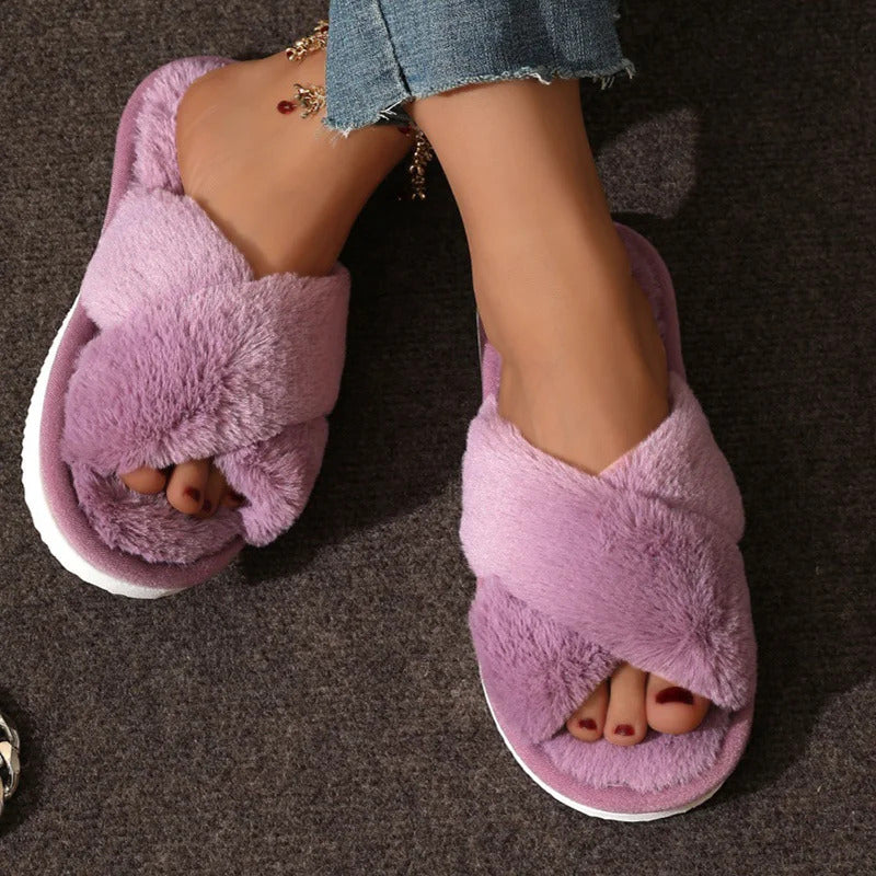 Fashion Cross Strap Fur Slippers Women Indoor Light Warm Plush Home Slippers Woman Faux Fur Flat Heel Couple Slides Plus Size 43