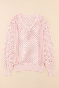 Pink Loose Pointelle Knit Ribbed V Neck Sweater