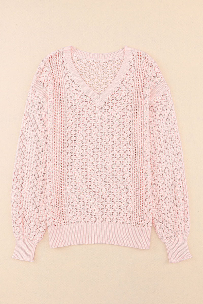 Pink Loose Pointelle Knit Ribbed V Neck Sweater